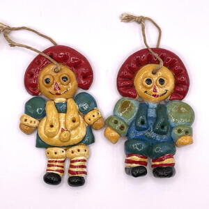 Vintage Raggedy Ann and Andy Salt Dough Christmas Ornaments 4" Set‎ of 2